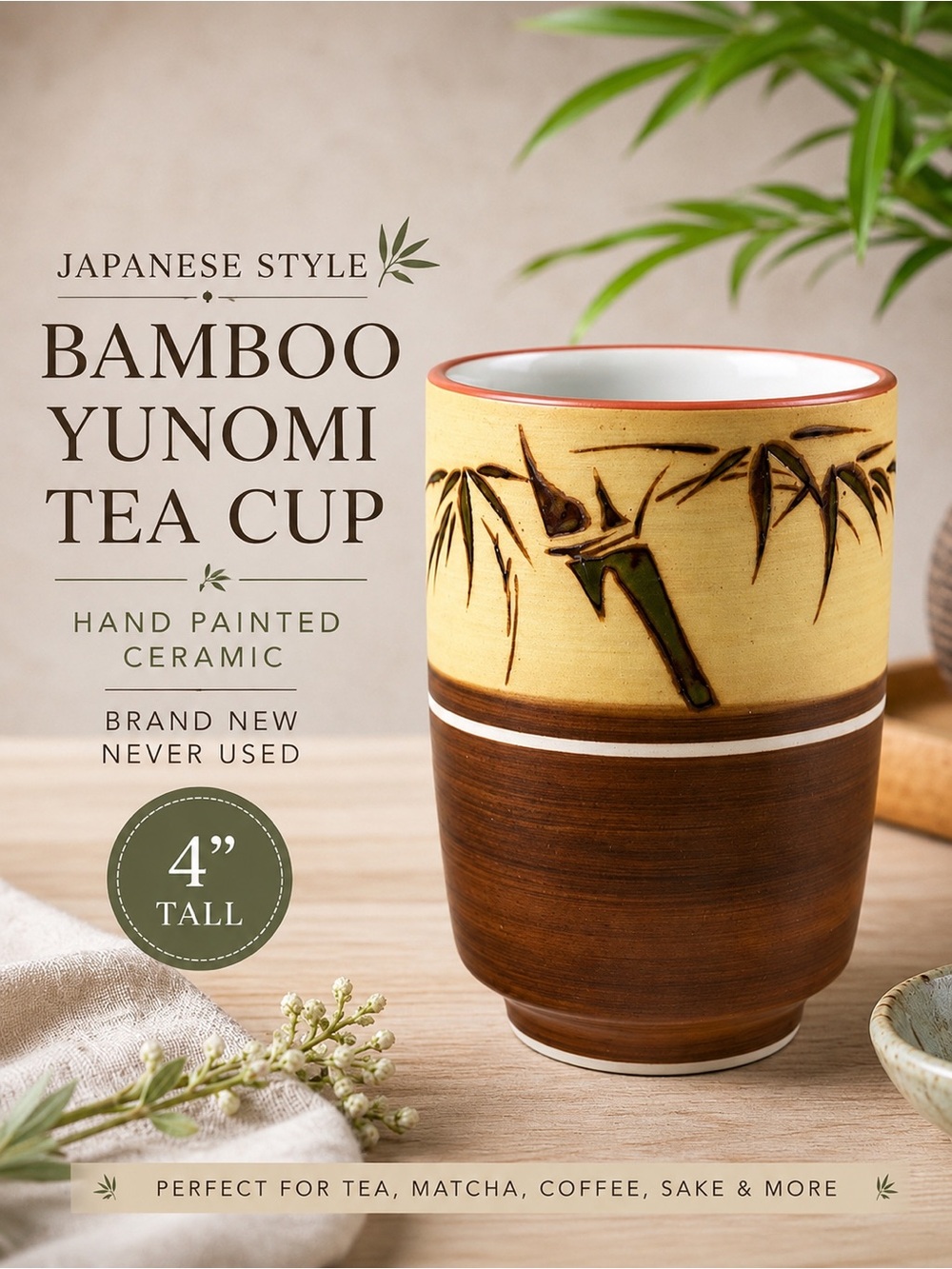 Japanese Bamboo Ceramic Yunomi Tea Cup 4” Tall Hand Painted Zen Style New